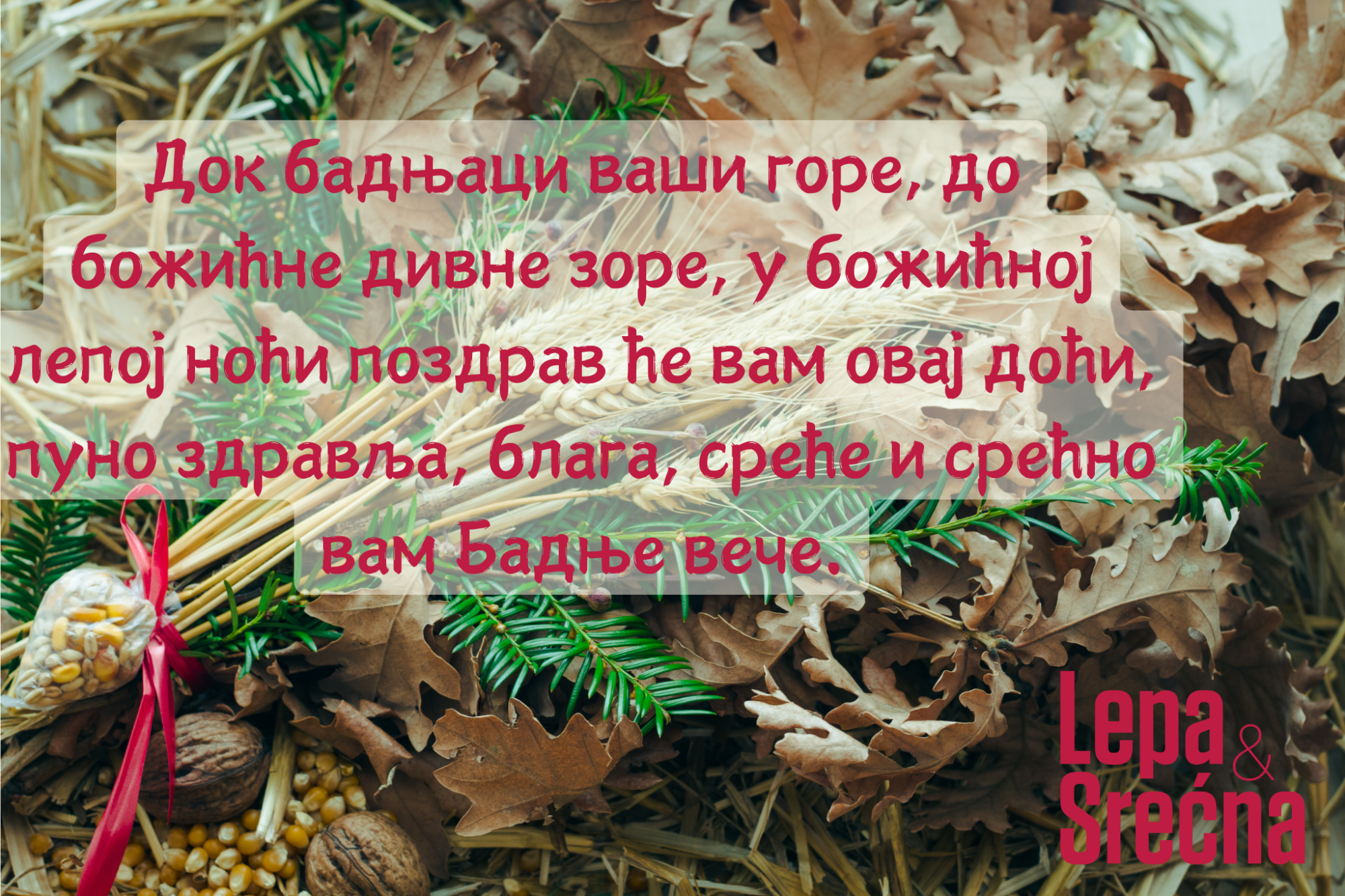 Док бадњаци ваши горе, до божићне дивне зоре, у божићној лепој ноћи поздрав ће вам овај доћи, пуно здравља, блага, среће и срећно вам Бадње вече. (2).png