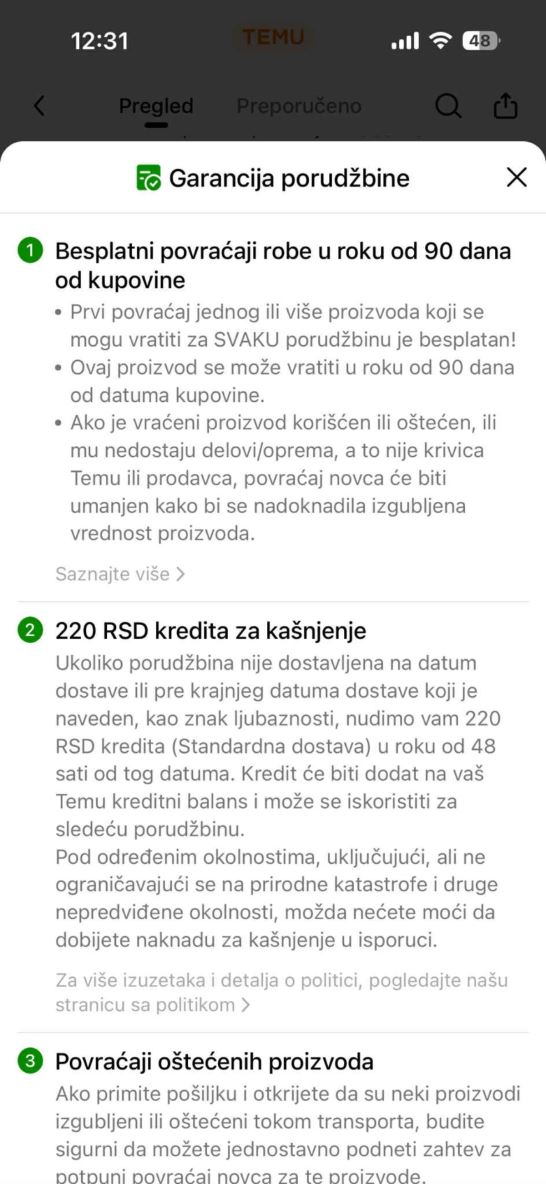 Povraćaj i reklamacije Temu