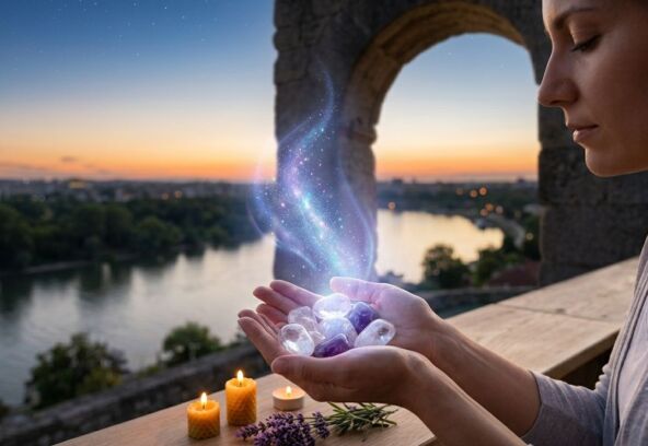 žena meditira nad kristalima i svećama